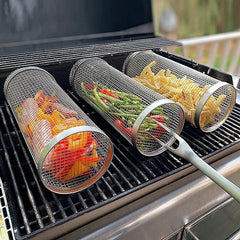 BBQ Basket Stainless Steel Rolling Grilling Basket Wire Mesh Cylinder Grill Basket Portable Outdoor Camping Barbecue Rack