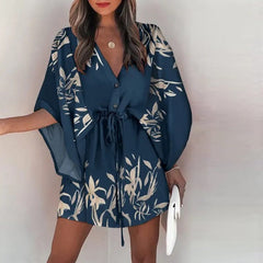 New Summer Women Elegant Dresses Sexy V Neck Lace-up Floral Printed Mini Dress Casual Flared Sleeve Irregular Ladies Party Dress