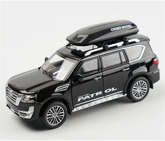 Nissan Patrol Alloy Die cast Y62 Toy Car Model With Travel Rack Sound And Light Pull Back Vehicle Collection Children's Toys