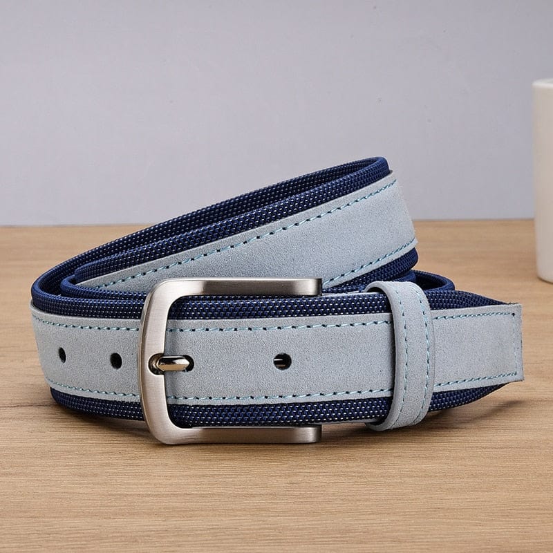 Men Suede Leather Belt With Oxford Fabric Strap Genuine Leather Luxury Pin Buckle Blue Belts For Men 3.5 cm and 4.0 cm Width