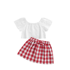 Lioraitiin 3Pcs Set 0-24M Newborn Baby Girl Clothes Cute Summer Off Shoulder Lace Tops+ Red Plaid Short Dress Headband Outfit