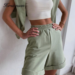 Hirsionsan Summer Cotton Sets Women Casual Two Pieces Short Sleeve T Shirts and High Waist Short Pants Solid Outfits Tracksuit