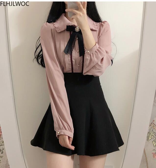 2022 Spring Women's Cute Tops Preppy Style Vintage Japaneses Korea Design Button Elegant Formal Shirts Blouses Pink White 12020