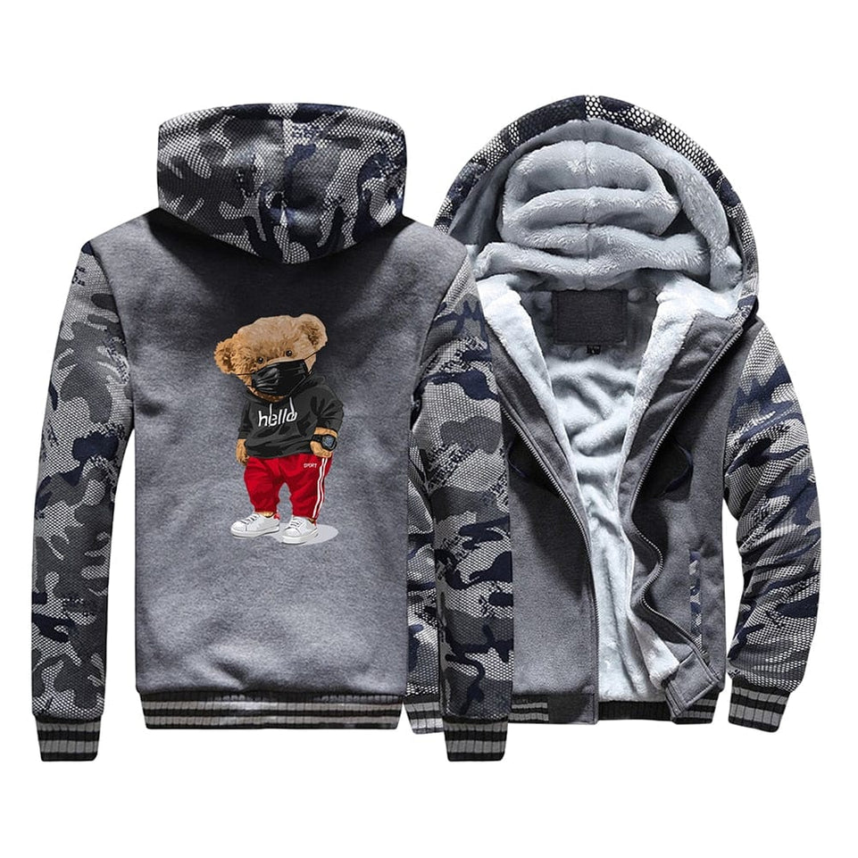 Thick Mens Hoodies Fashion Teddy Bear Printing Male Jacket Hip Hop Brand Outwear Hot Sale Camouflage Sleeve Men's Jacket Casual
