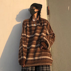 Unisex Women Striped Knit Sweater Spring Autumn Retro Hip Hop Pullovers Tops Female Oversize Ulzzang BF Couples Japanese