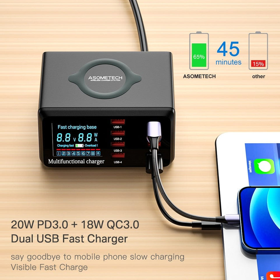 100W Multi USB Charger HUB Quick Charge 3 Type C PD Fast Charger Wireless Charger USB Charging Station For iPhone 13 12 X Xiaomi