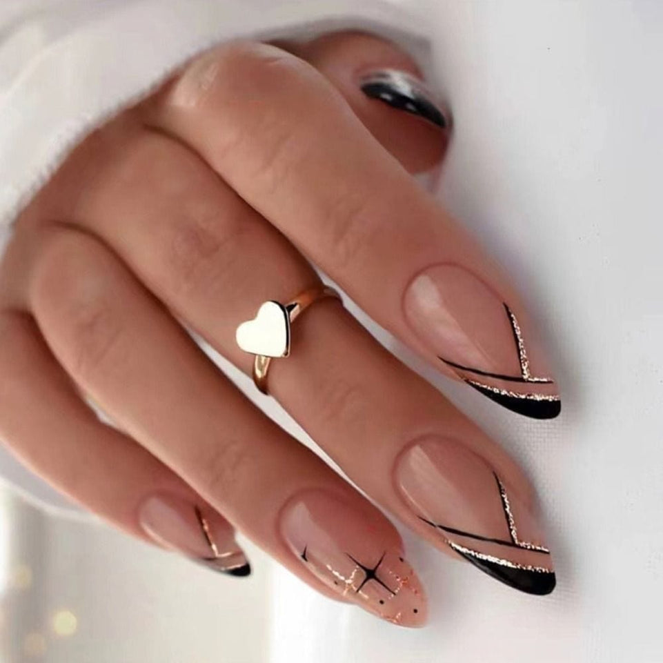 24Pcs/Box Almond Round Wavy False Nails Detachable Stiletto Fake Nails Full Cover French Ballerina Nail Tips Press On Nails