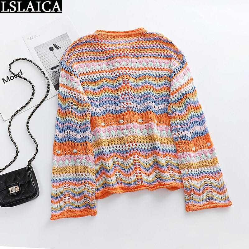 Cardigan Top Women Long Sleeve Single Button Decorated Slim Rainbow Striped Patchwork Women's Sweater Spring Autumn Fashion 2022