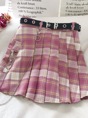 Harajuku Plaid Skirt Women Punk y2k High Waist Mini Tennis Skirts Uniform Chain Pocket A-line Streetwear Vintage Free Belt