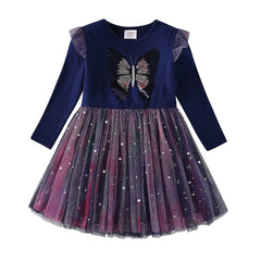 VIKITA Autumn Girls Dress Butterfly Sequins Kids Long Sleeve Dresses Baby Girls Princess Dress Party Clothes Birthday Dresses