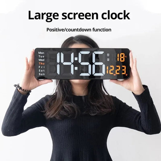 LED Digital Wall Clock 16 inch,Wall Mounted Remote Control Temperature Date Week Display Timer Dual Alarm Clock