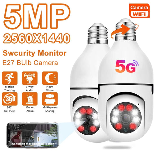 Wifi 5MP E27 5G Bulb Surveillance Camera Indoor 4X Digital Zoom AI Human Detect Full Color Night Vision Wireless Cam Smart Home