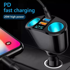 Car Cigarette Lighter 12V-24V Socket Splitter Blue Atmosphere Light PD QC3.0 2 USB Charger C Ports For Mobile Phone DVR Chargers