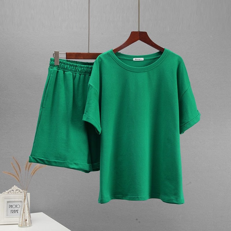 Hirsionsan Summer Cotton Sets Women Casual Two Pieces Short Sleeve T Shirts and High Waist Short Pants Solid Outfits Tracksuit