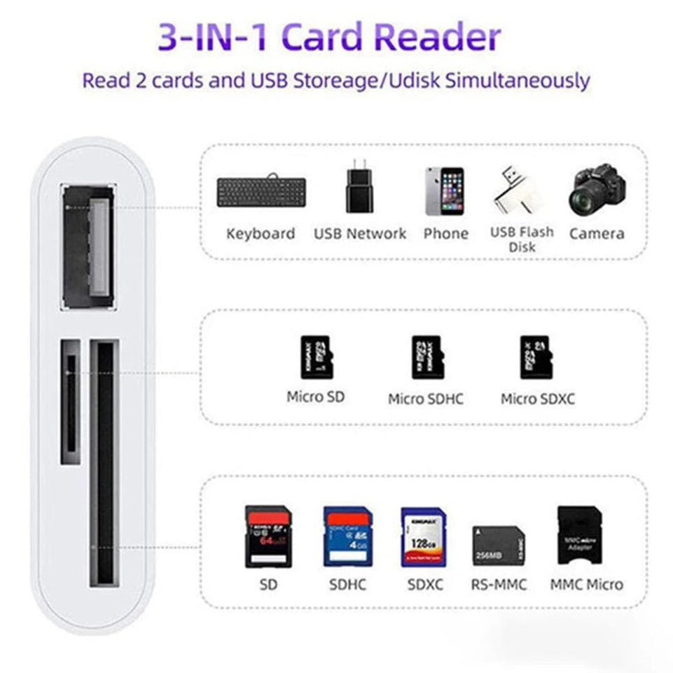 3 in 1 SD TF Memory Card Reader for Apple iPhone 14 13 12 11 15 Pro Max XS XR USB Camera OTG Adapter for iPad Laptop Card reader