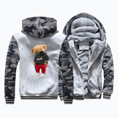 Thick Mens Hoodies Fashion Teddy Bear Printing Male Jacket Hip Hop Brand Outwear Hot Sale Camouflage Sleeve Men's Jacket Casual