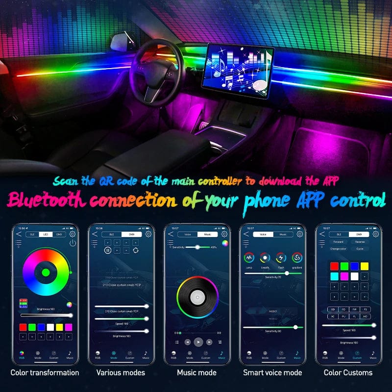 18 In 1  LED Interior Lights Full Colour Streamer Car Ambient Lights RGB 64 Universal Hidden Acrylic Strip Symphony Atmosphere Lamp