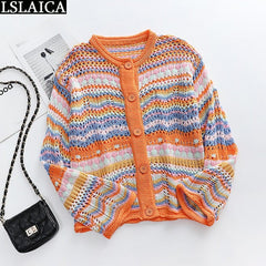 Cardigan Top Women Long Sleeve Single Button Decorated Slim Rainbow Striped Patchwork Women's Sweater Spring Autumn Fashion 2022