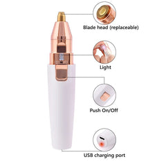 2 In 1 Electric eyebrow trimmer USB Rechargeable hair remover women shaver  LED light lady Epilator Razor face Makeup Tool