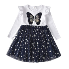 VIKITA Autumn Girls Dress Butterfly Sequins Kids Long Sleeve Dresses Baby Girls Princess Dress Party Clothes Birthday Dresses