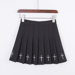 Black High Waist Mini Skirts Punk Pleated Vintage Skirt Gothic Streetwear Cross Print Pleated Women Skirts Lolita Harajuku Skirt