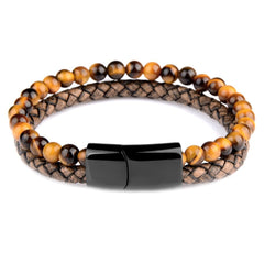 Natural Stone Bracelets Genuine Leather Braided Bracelets Black Stainless Steel Magnetic Clasp Tiger eye Bead Bangle Men Jewelry