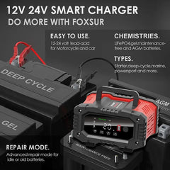 Battery Charger 12V/24V Smart Charger Lithium AGM GEL Lead-Acid LiFePO4 Battery Chargers