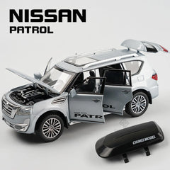 Nissan Patrol Alloy Die cast Y62 Toy Car Model With Travel Rack Sound And Light Pull Back Vehicle Collection Children's Toys