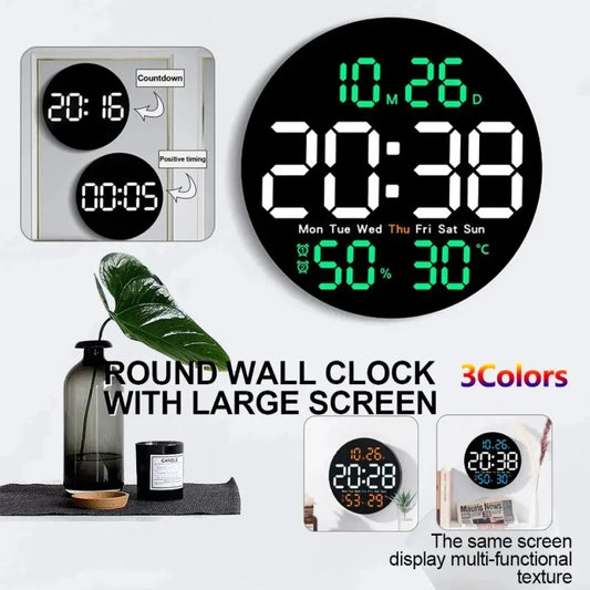 LED Large Digital Wall Clock 10inch with Remote Control Temperature Humidity Date Week Display