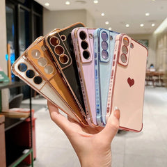 Luxury Plating Case For Samsung Galaxy S22 S23 Ultra S21 S20 FE A52 A53 S22 Plus A13 A54 A14 Love Heart Side Pattern Phone Cover