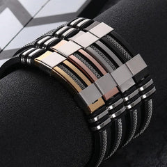 Stainless Steel Bracelets Men Wrist Band Black Grooved Rudder Silicone Mesh Link Insert Punk Wristband Casual Bangles