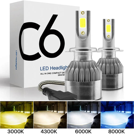 2x Led Headlights H7 LED H11 H4 Hi/Lo H1 H3 H8 HB1 HB3 HB4 HB5 HIR2 H13 H27 9005 9006 Bulbs 3000K 6000K 8000K COB C6 car lights