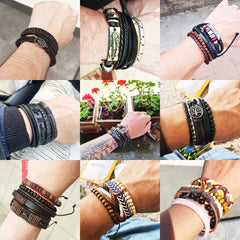 Set Braided Wrap Leather Bracelet for Men Vintage Life Tree Guitar Wood Beads Fashion Male Bracelets Wristband