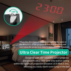 Projector LED Clock 180° Arm Projection Alarm Clock Time Temperature USB Plug-in Digital Alarm Clock Snooze Table Clock 12/24H