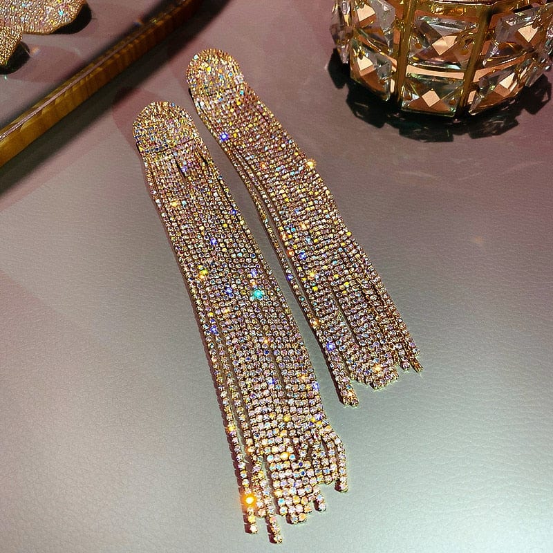 FYUAN Long Tassel Full Rhinestone Drop Earrings for Women Ovsize Crystal Dangle Earrings Fashion Jewelry Accessories