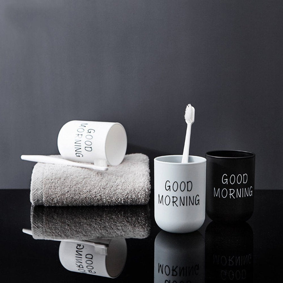 Good Morning Mouthwash Cup Bathroom Tumblers Toothbrush Toothpaste Holder Cup Travel Washing Cup Water Mug Bathroom Accessories