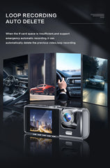 Dash Cam W/ IR Night Vision Loop Recording & 2" IPS Screen 1080P 3 Camera