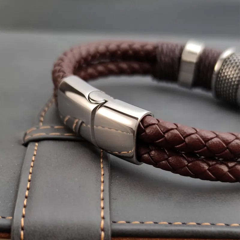Vintage Multilayer Brown Genuine Leather Men Bracelet Stone Bead Bracelet Stainless Steel Jewelry Male Wrist Bangle Gift