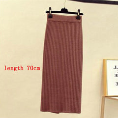 Mid-long Knitted Half-length Skirt Women's High waist One-step Skirt Autumn And Winter Hip Skirt Open-forked Elegant Skirts