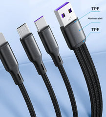 All Phones USB Charge Cable 3 Type-C 3 Micro USB Spliter Cord Fast Charging 5A For Mobile Phone Power Bank Charging Together 1.2m