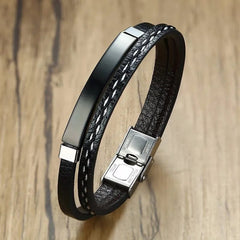 Trendy Men Leatherwear Weave Bracelet Leisure Colour Contrast Stainless Steel Bangle