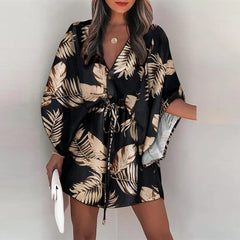 New Summer Women Elegant Dresses Sexy V Neck Lace-up Floral Printed Mini Dress Casual Flared Sleeve Irregular Ladies Party Dress