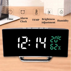 Curved Screen Digital Alarm Clock Temperature Date 2 Levels Brightness Adjustment Snooze Table Clock 12/24H Night Mode LED Clock