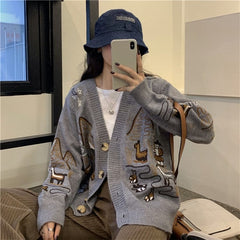 Letter Embroidery Loose Sweaters Women Winter Women Coat Cardigan Preppy Style Clothes Y2K Sweet Girl Casual Knit Sweater Top