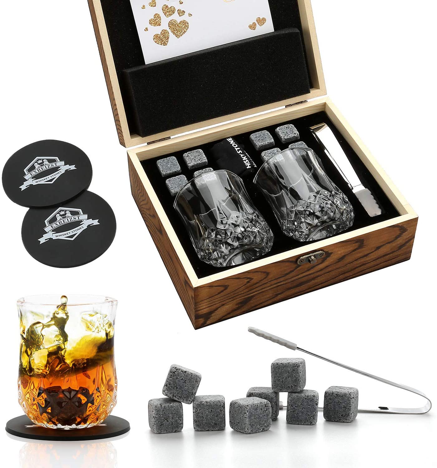 Whiskey Stones & Glasses Set, Granite Ice Cube For Whisky, Whiski Chilling Rocks In Wooden Box, Best Gift For Dad Husband Men - Wowza