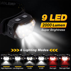 9 Led Strong Headlamp USB Rechargeable Motion Sensor Headlight Portable Fishing Camping Outdoor Head Lamp Work Flashlight