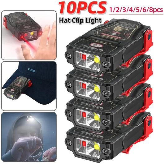 1-10PCS Mini Sensor LED Headlamp Hat Cap Clip Lights Rechargeable Head Torch Waterproof Headlight Flashlight for Camping Fishing