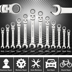 Ratcheting Combination Wrench Set, 6-23mm Metric Flex Head Ratcheting Wrench, Chrome Vanadium Steel Spanner with Bag