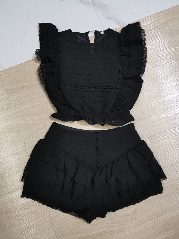 High Quality 2023 Sunday Set elastic waistband Cropped top with ruffle detail and cute ruffle mini shorts skirts