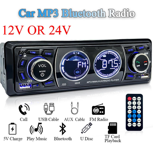 Car Radio 1din Audio Bluetooth Stereo MP3 Player FM Receiver 60Wx4 Support Phone Charging AUX/USB/TF Card In Dash Kit